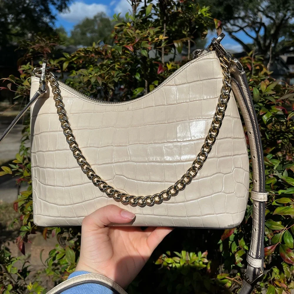 KATE SPADE Ivory Croc Embossed Hobo Baguette Shoulder Bag Crossbody